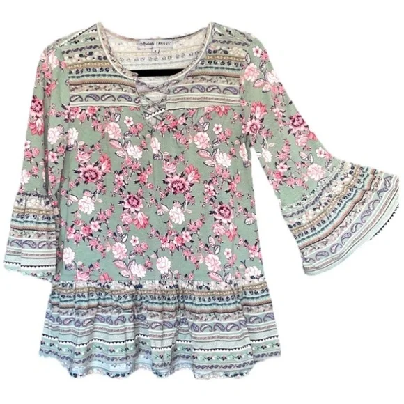 Absolutely Famous top women’s small Floral Print 3/4 Bell Sleeve ruffle blouse - Picture 5 of 11